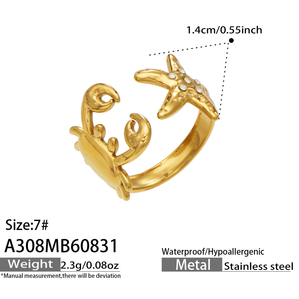 Sea Star Crab Ring in Gold Color