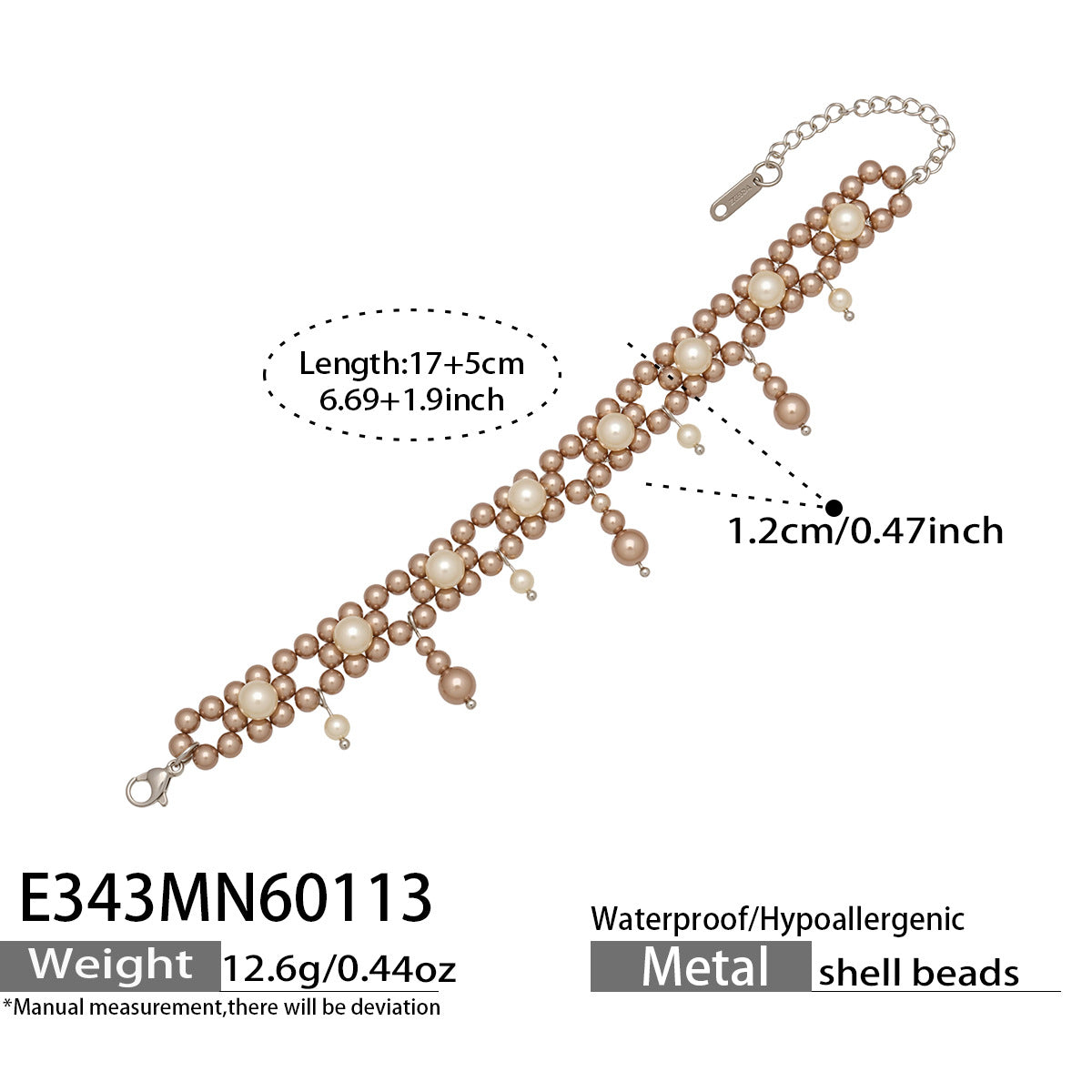 shell pearl tassel bracelet size guide showing 17 plus 5 cm length and 12.6 g weight