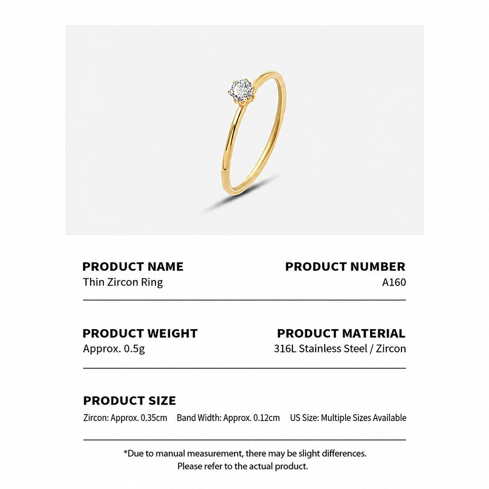 A160 minimalist solitaire ring product card with gold tone stainless steel finish and round clear stone