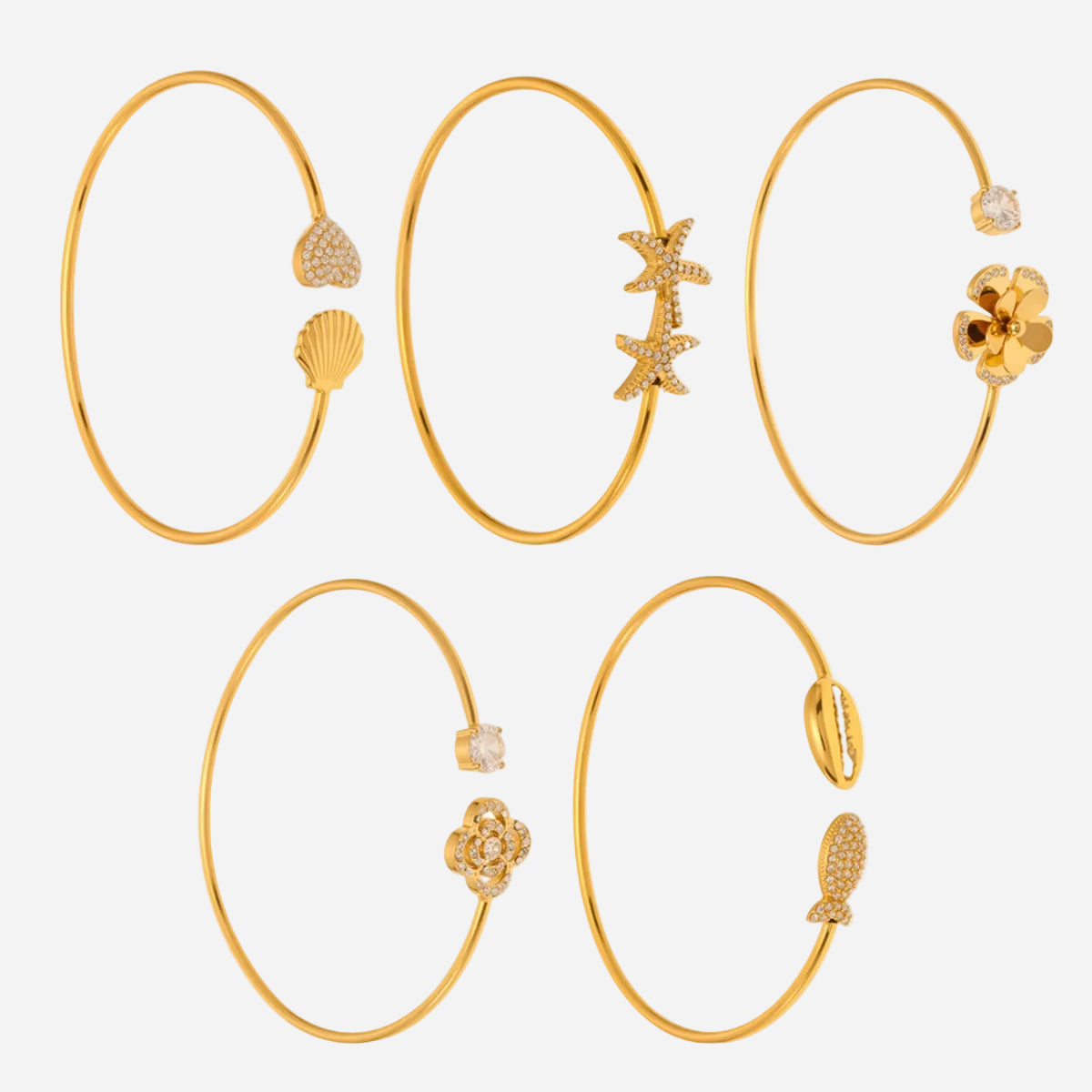 18K gold plated sparkling zircon starfish flower shell thin open bangle set, featuring shell, starfish, floral designs, niche elegant women's jewelry