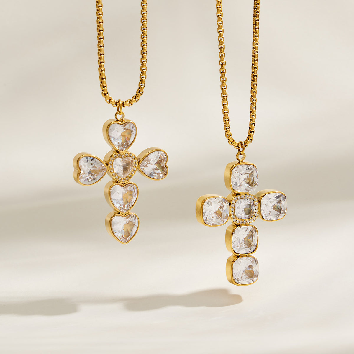 Gold-tone square-stone and heart-stone zircon cross pendant necklaces