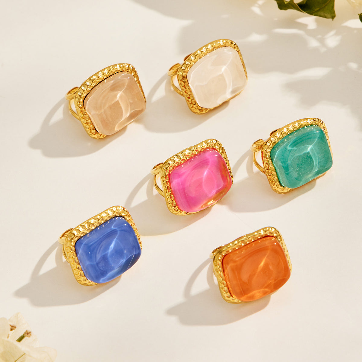 Square resin rings in six colorful options for boutique jewelry collections