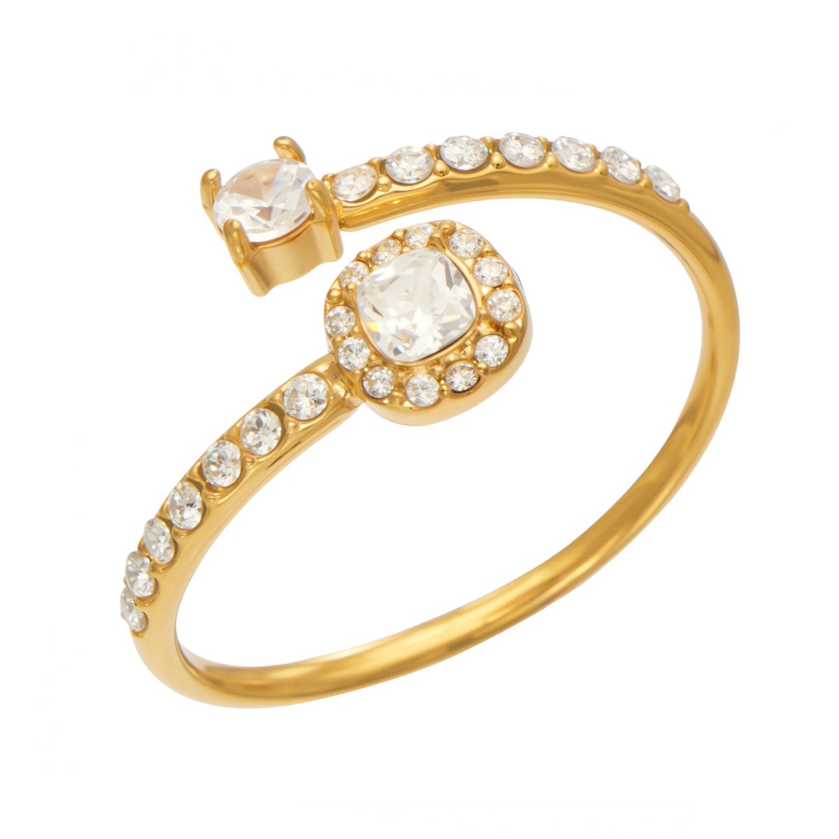 A624 gold-tone stainless steel open ring with a square halo, clear center stone and stone-set band on a white background