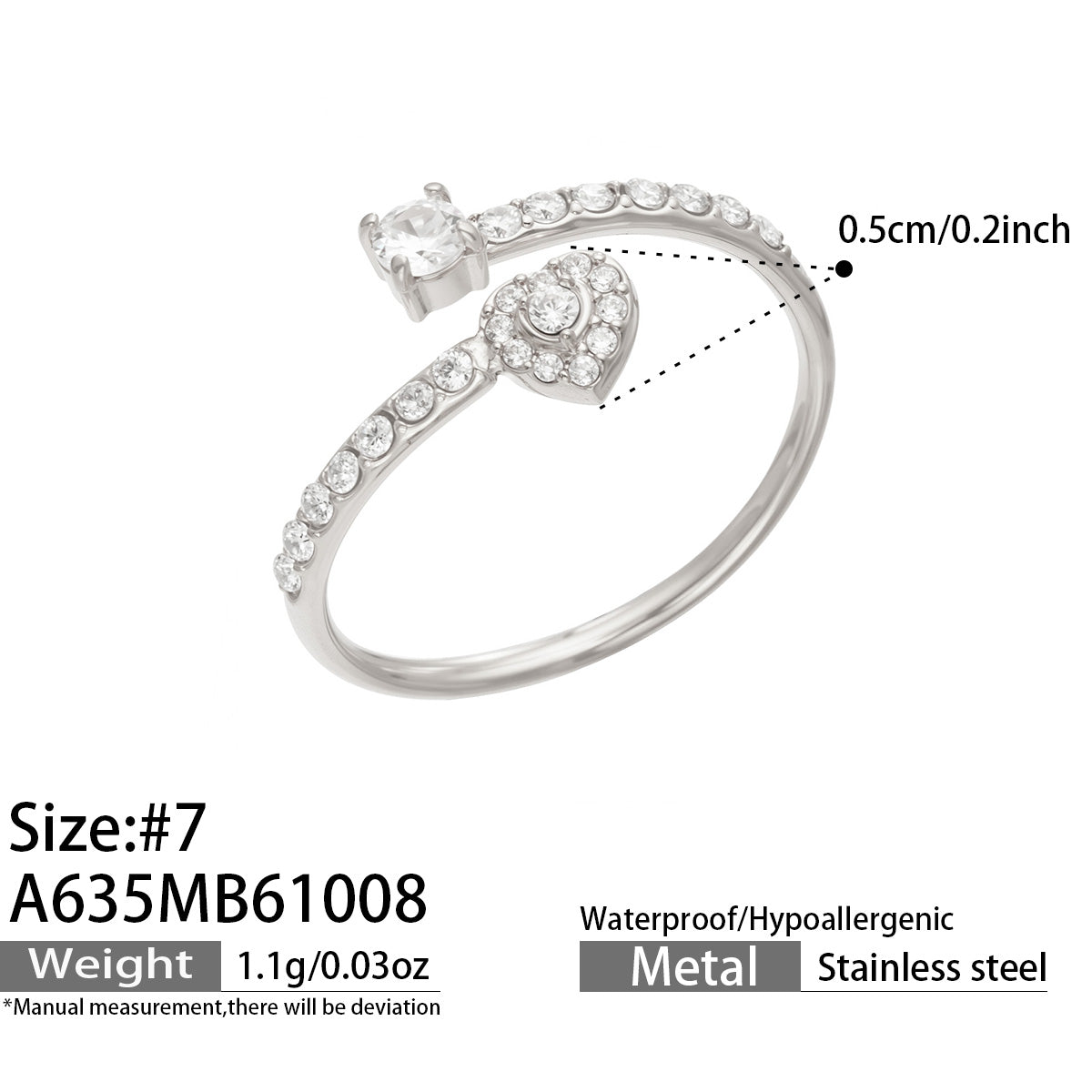 A635 steel-tone heart open ring diagram showing size 7, a 0.5 cm detail and approximate weight 1.1 g