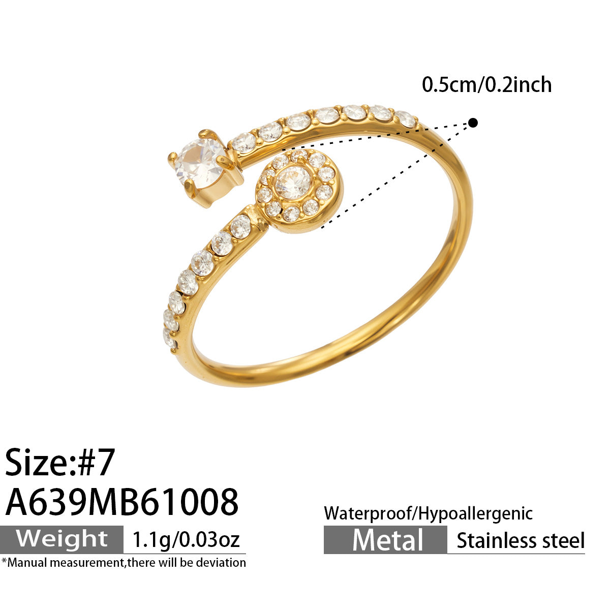 A639 gold-tone round-detail open ring diagram showing size 7, a 0.5 cm detail and approximate weight 1.1 g