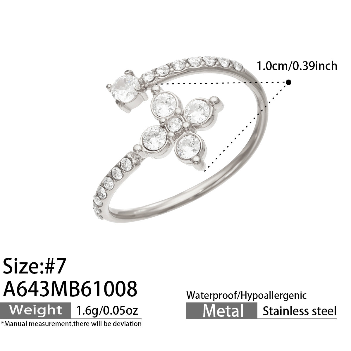 A643 steel-tone flower open ring diagram showing size 7, a 1 cm flower and approximate weight 1.6 g