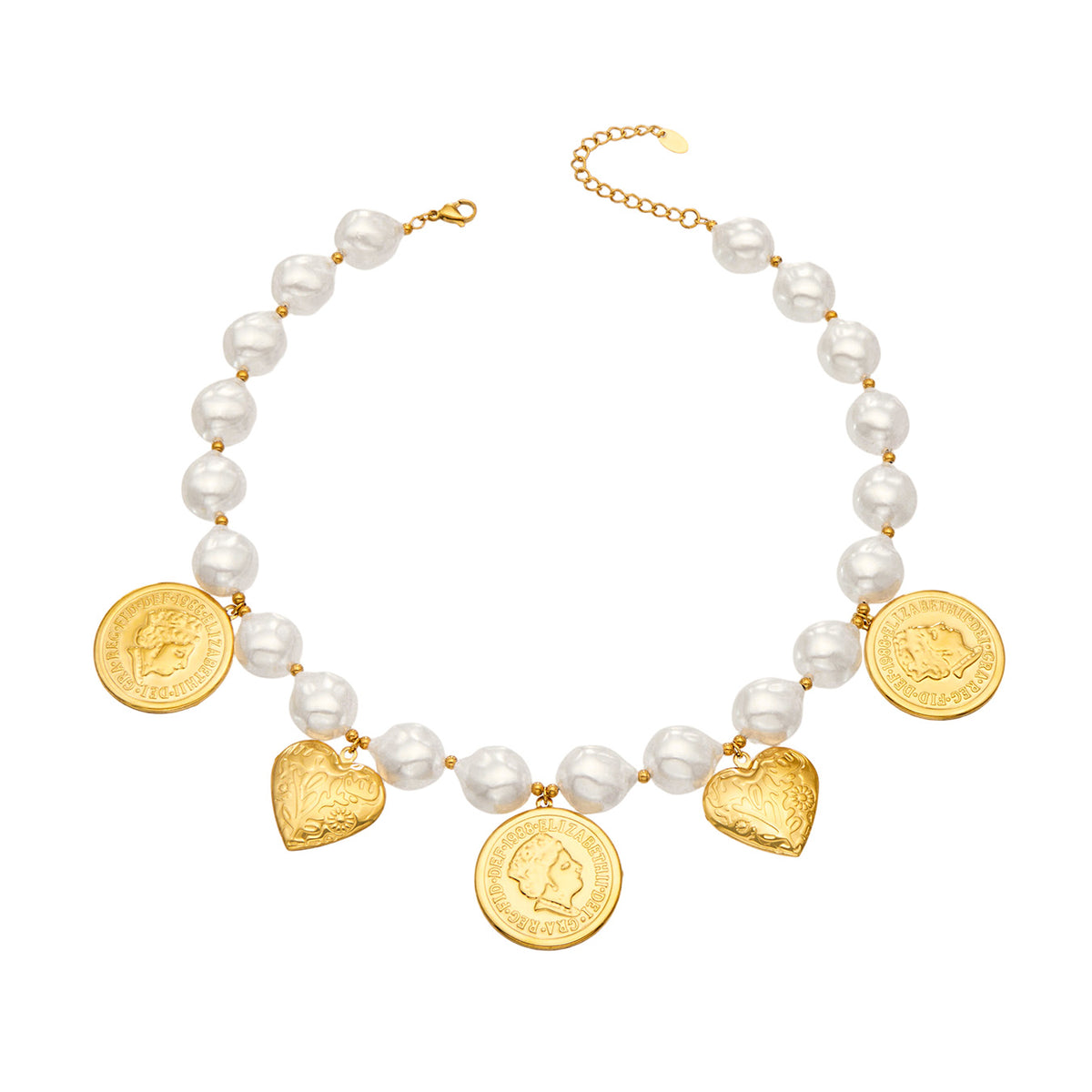 Stainless steel beaded heart charm necklace with ivory-tone beads and gold medallion details