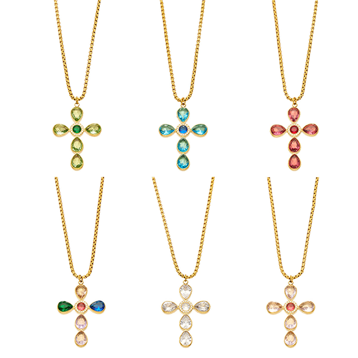 Stainless steel cross necklaces with colorful faceted stone pendants