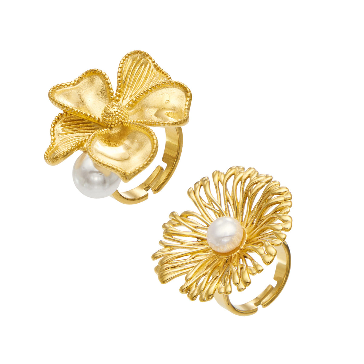 Two gold-tone stainless steel flower rings with faux pearl accents, featuring sculpted petals and an openwork floral design
