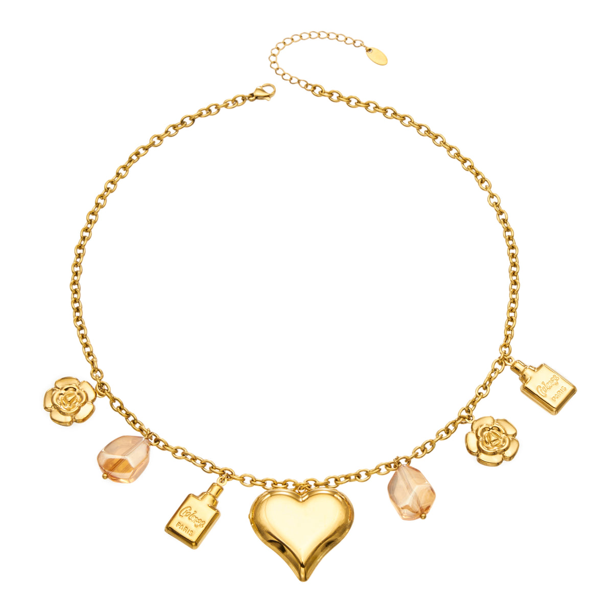 Stainless steel heart multi-charm necklace with resin drops and gold-tone details