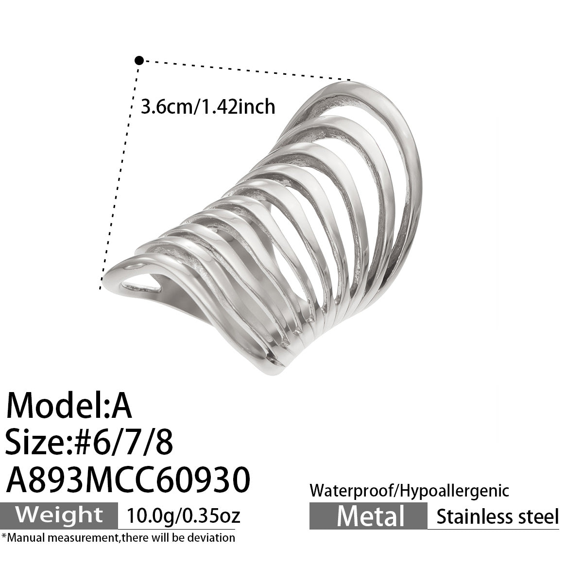Size chart for Design A silver-tone stainless steel multi-band ring, showing dimensions and size options 6, 7 and 8