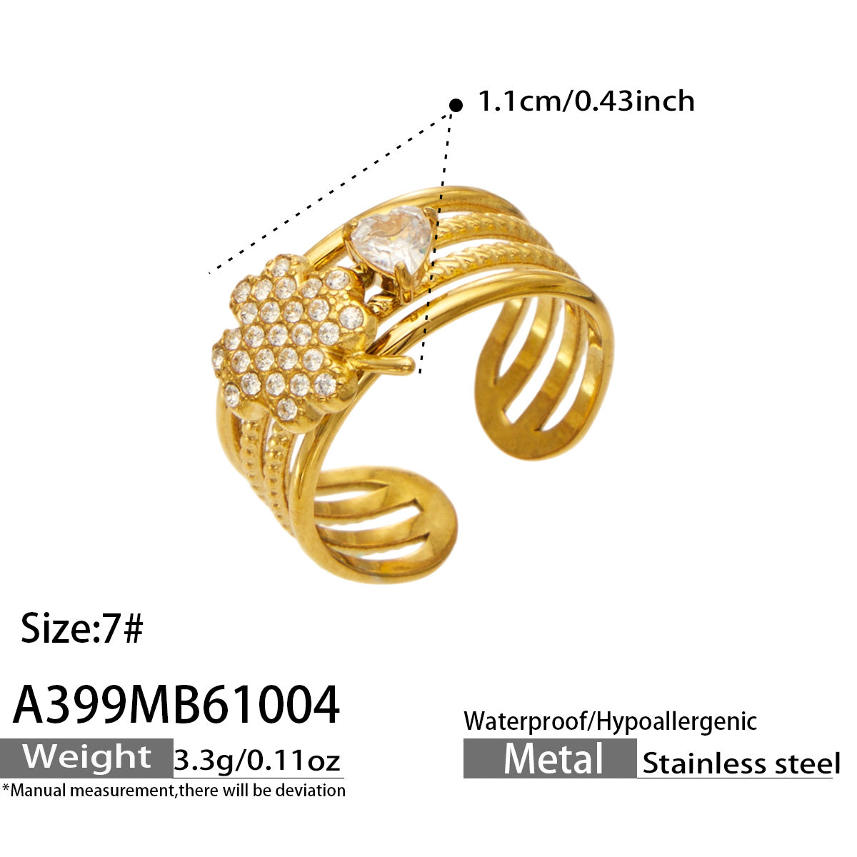 Specification diagram of the A399 gold-tone stainless steel pavé leaf ring with a separate clear stone accent