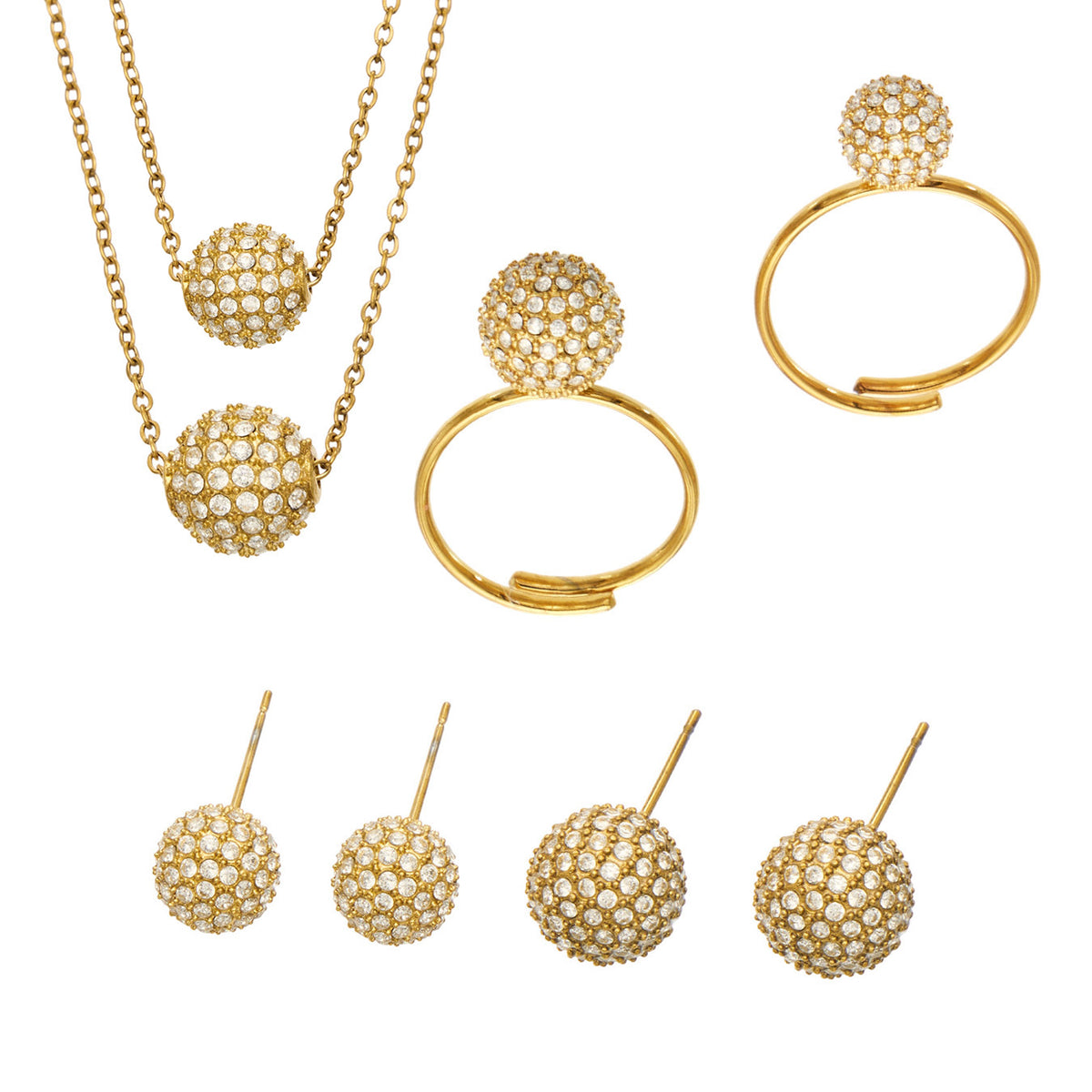 Stainless steel pavé zircon ball jewelry collection with necklaces, stud earrings and open rings