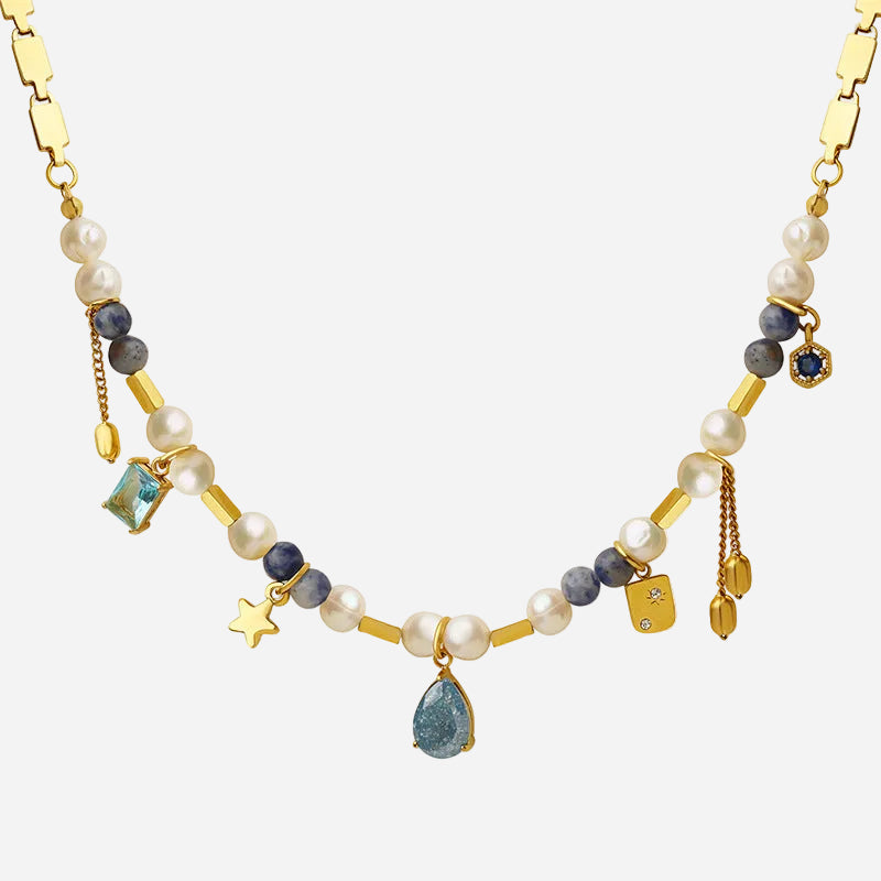 stainless steel charm necklace with freshwater pearls and natural stone pendants
