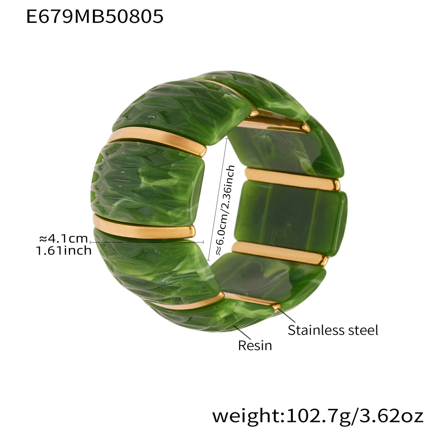 316L Stainless Steel Irregular Textured Wide Resin Stretch Bracelet