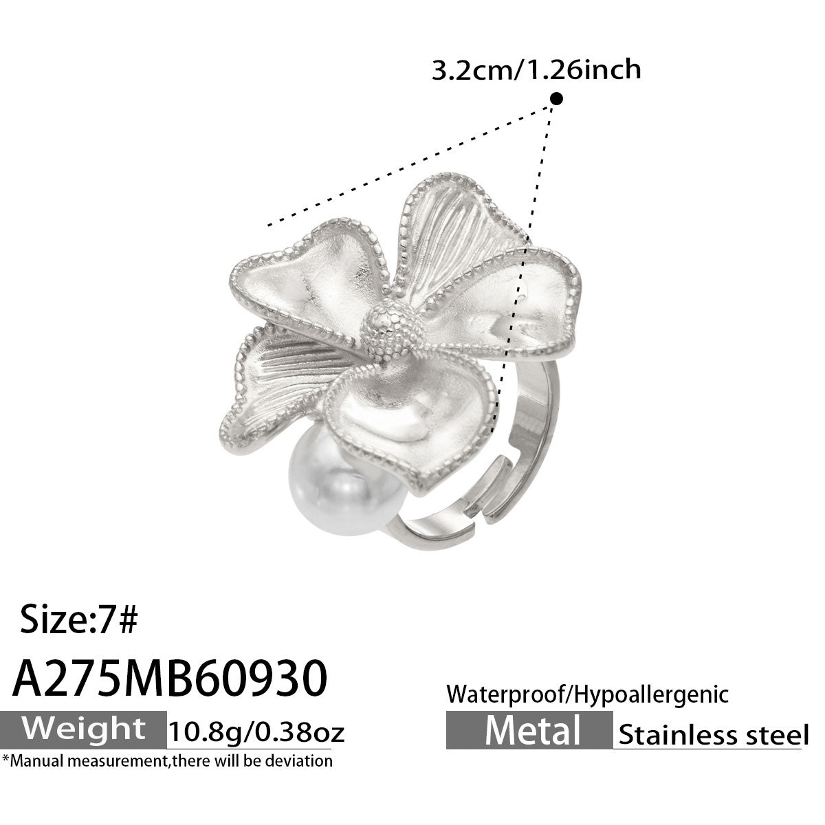 Dimension diagram of the A275 silver-tone stainless steel sculpted flower ring with a faux pearl accent, showing a 3.2 cm flower width