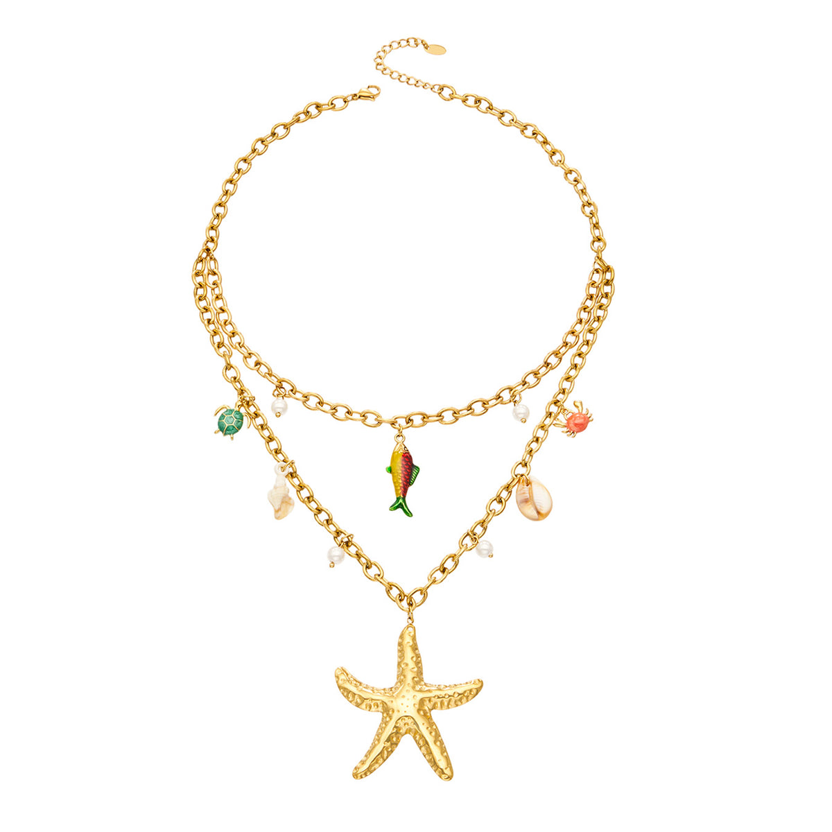 Stainless steel sea life charm necklace with starfish, fish, shell and faux pearl details