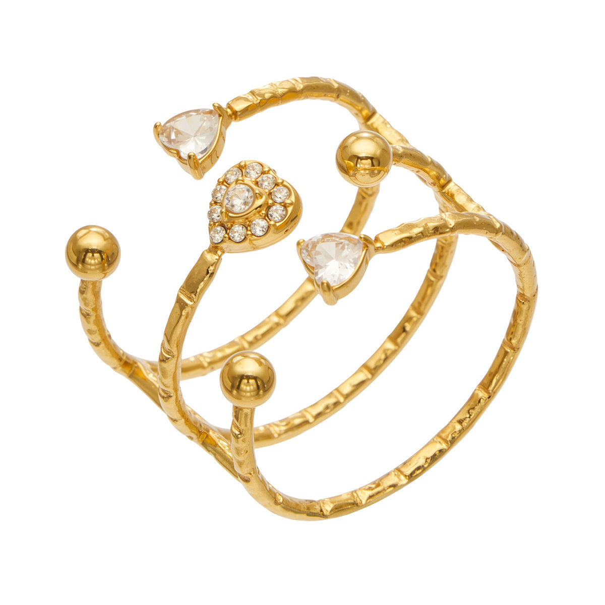 A403 gold-tone stainless steel heart and bead triple-band open ring on a white background