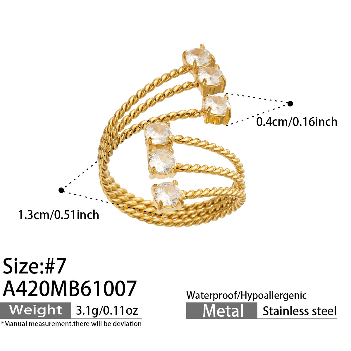 A420 gold-tone stone-tip ring specification diagram showing size 7, 1.3 cm and 0.4 cm measurements and approximate weight 3.1 g