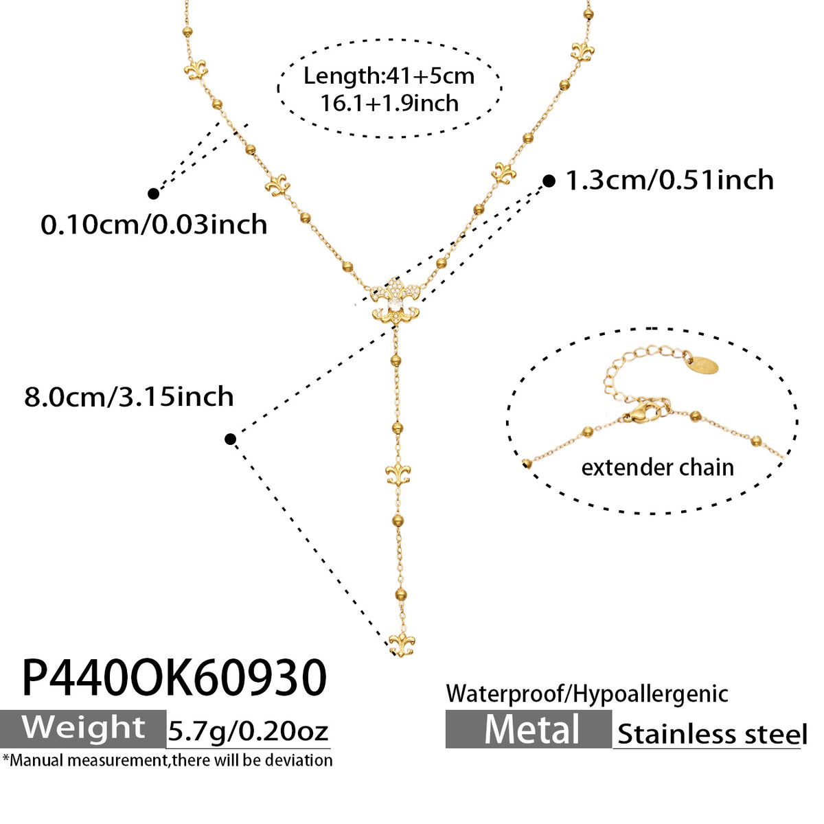 Size diagram of the P440 stainless steel Y lariat necklace, showing a 41 cm chain, 5 cm extender and 8 cm drop