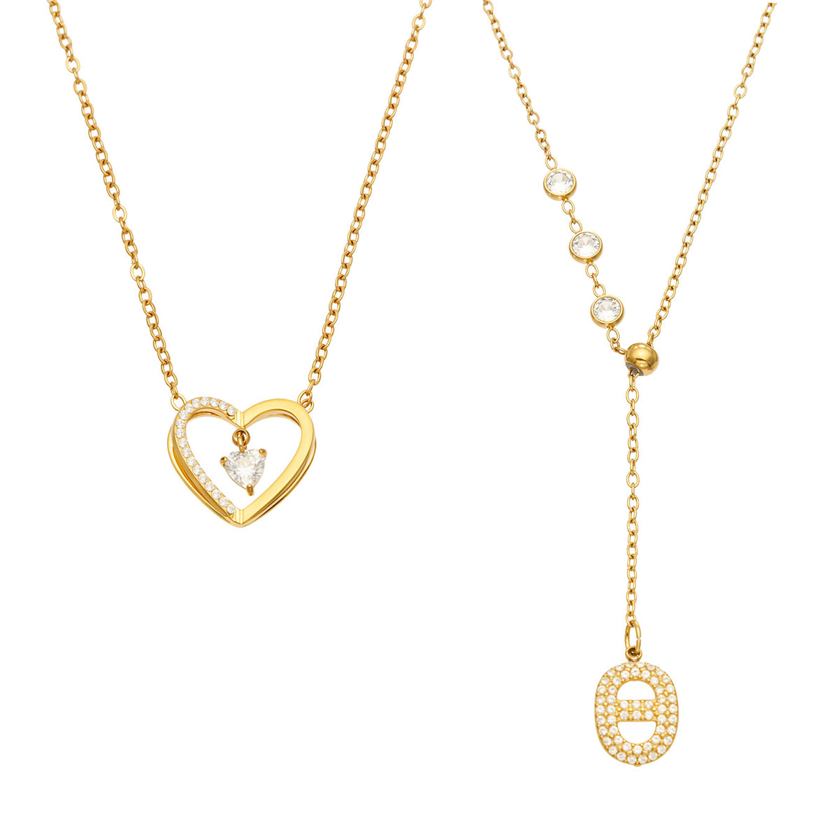 Stainless steel zircon heart pendant necklace and Y drop necklace in gold-tone finish