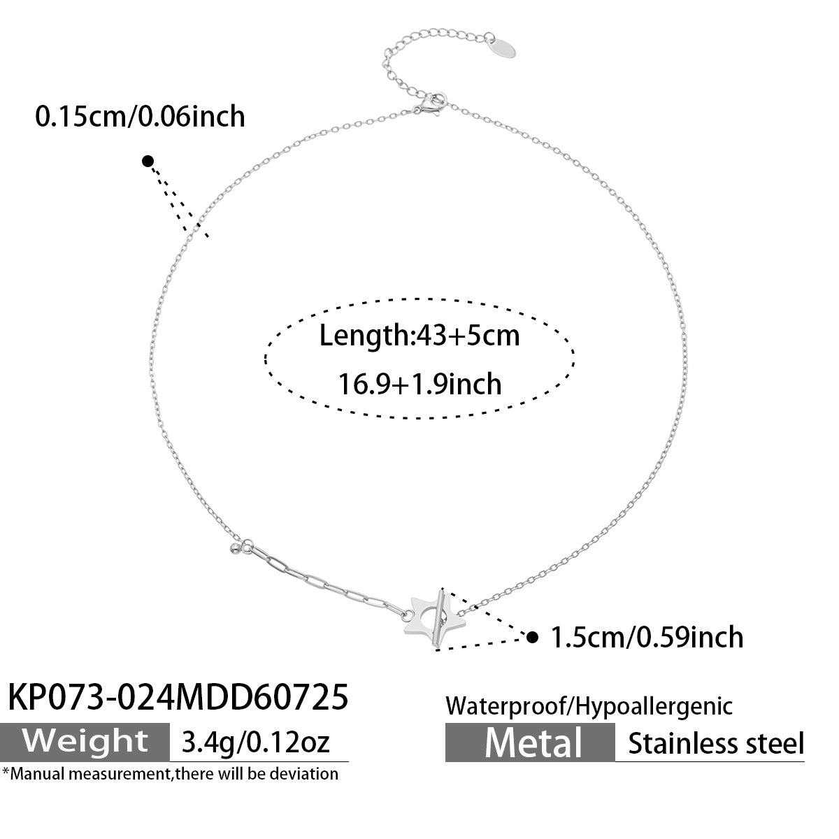 Polished steel star OT clasp necklace dimensions and specifications