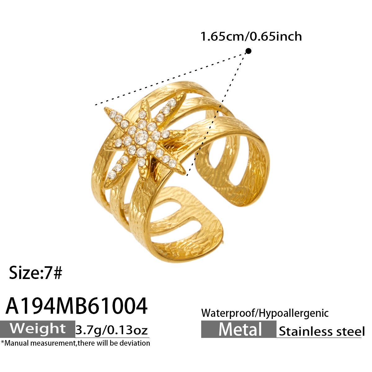 316L Stainless Steel 18K PVD Gold Star Zircon Open Ring made with 316L stainless steel and 18K PVD gold finish for wholesale jewelry buyers - image 11