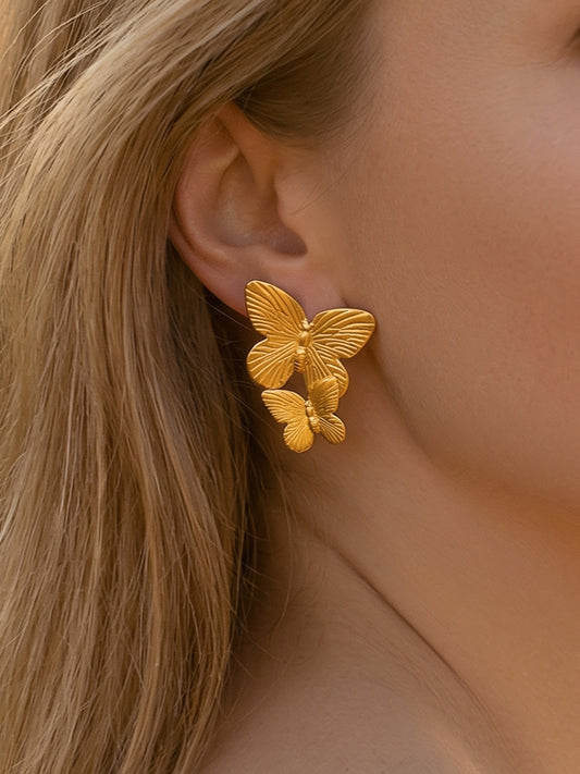 316L Stainless Steel 18K Gold PVD Plated Butterfly Earrings - front view showcase