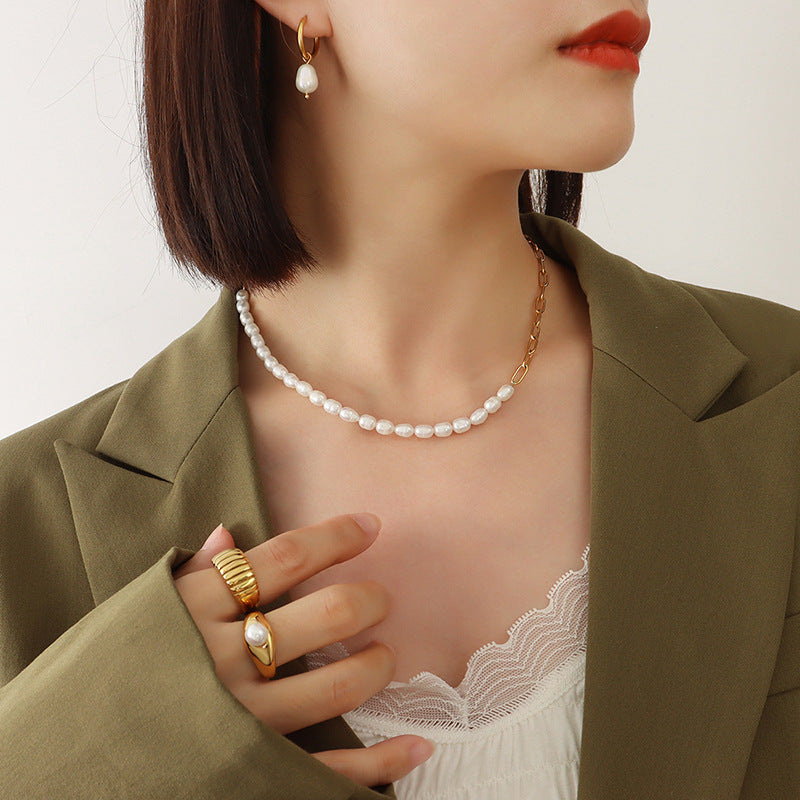 316L Stainless Steel 18K Gold PVD Plated Freshwater Pearl Chic Spliced Necklace - exquisite craftsmanship detail