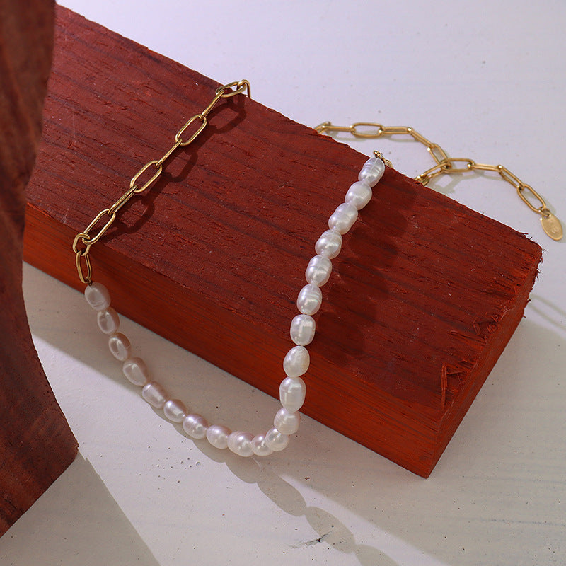 316L Stainless Steel 18K Gold PVD Plated Freshwater Pearl Chic Spliced Necklace - premium jewelry aesthetic