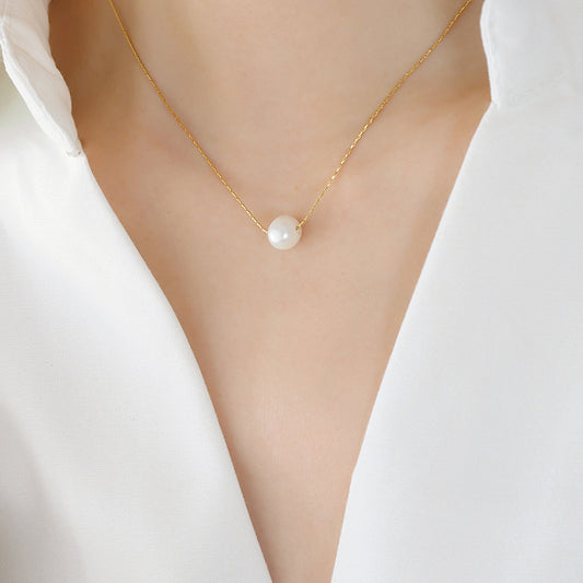 316L Stainless Steel 18K Gold PVD Plated Freshwater Pearl Minimalist Necklace - front view showcase
