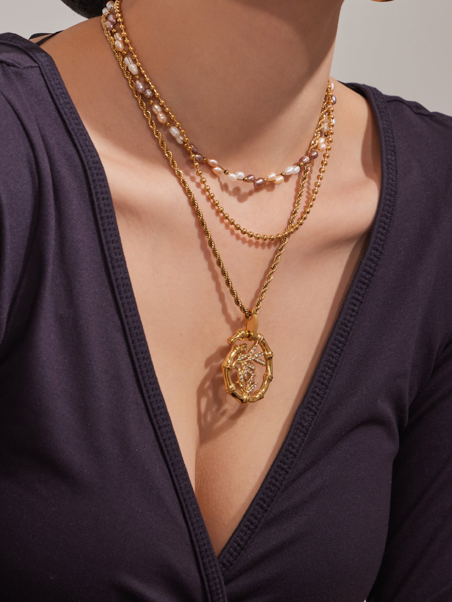 316L Stainless Steel 18K Gold PVD Plated Lucky Bamboo Zircon Double-Layer Necklace - luxury texture close up