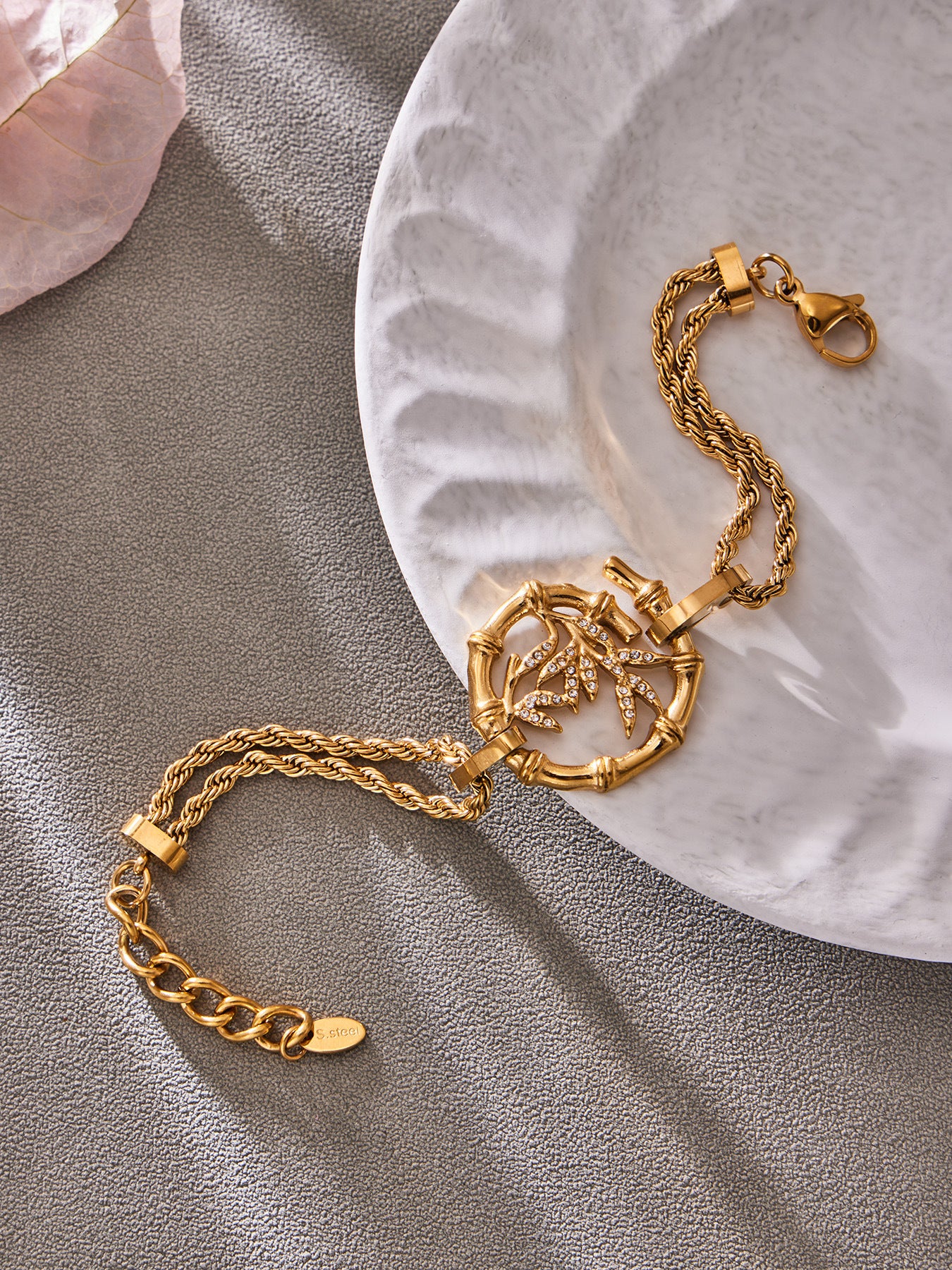 316L Stainless Steel 18K Gold PVD Plated Lucky Bamboo Zircon Double-Layer Necklace - premium jewelry aesthetic