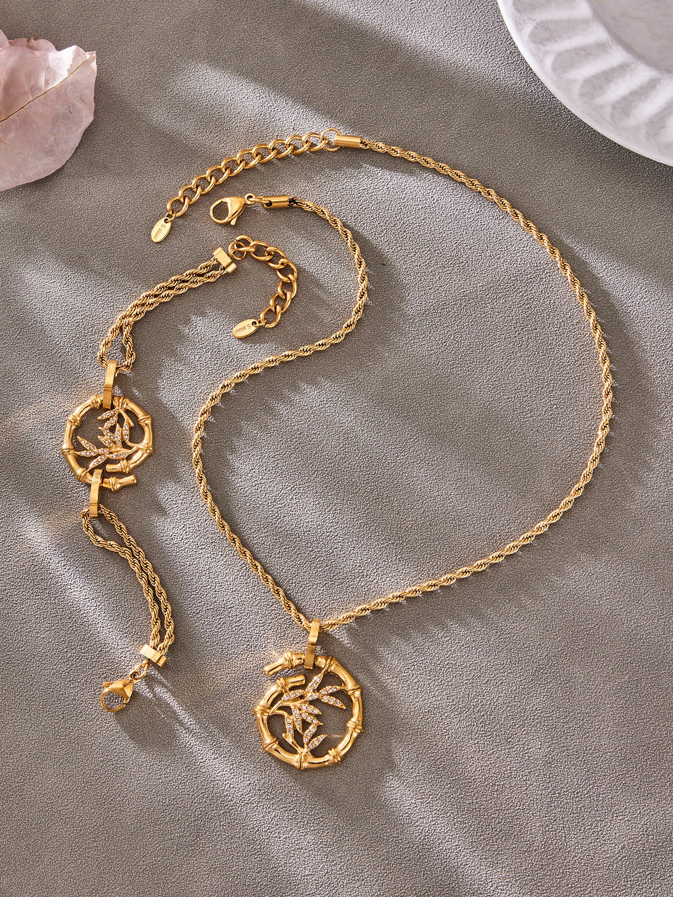 316L Stainless Steel 18K Gold PVD Plated Lucky Bamboo Zircon Double-Layer Necklace - front view showcase