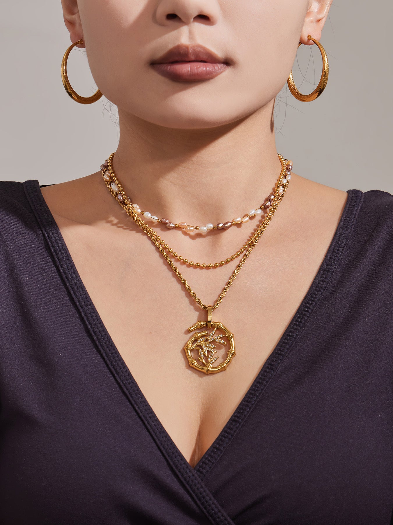 316L Stainless Steel 18K Gold PVD Plated Lucky Bamboo Zircon Double-Layer Necklace - sophisticated side angle