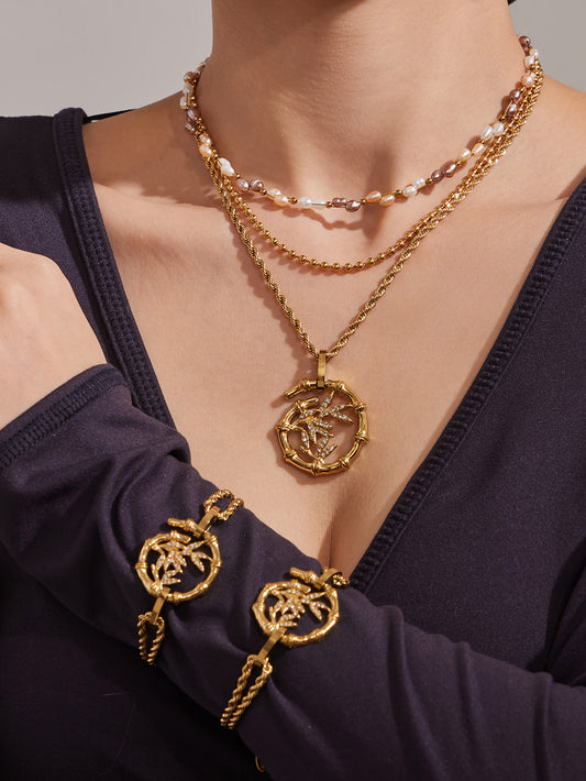 316L Stainless Steel 18K Gold PVD Plated Lucky Bamboo Zircon Double-Layer Necklace - premium jewelry aesthetic