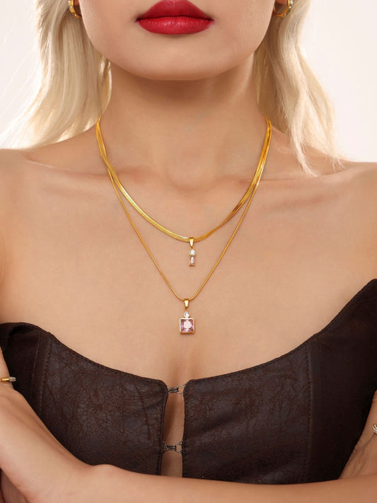 316L Stainless Steel 18K Gold PVD Layered Herringbone Square Zircon Necklace - front view showcase