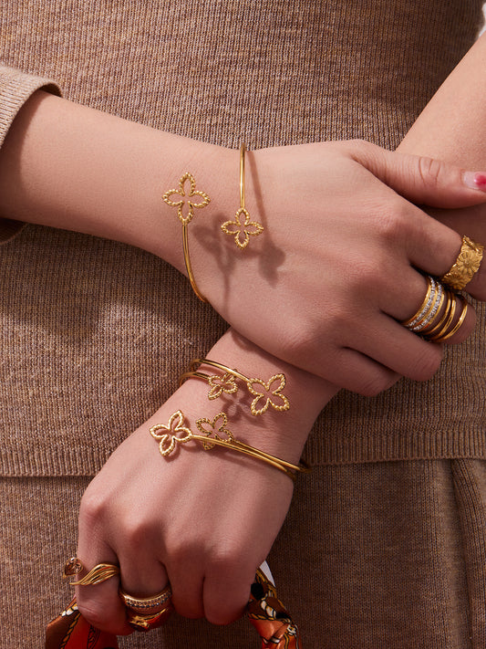 316L Stainless Steel 18K Gold PVD Minimalist Floral Open Bangle - front view showcase