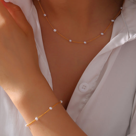 316L Stainless Steel 18K Gold PVD Pearl Minimalist Jewelry Set - sophisticated side angle