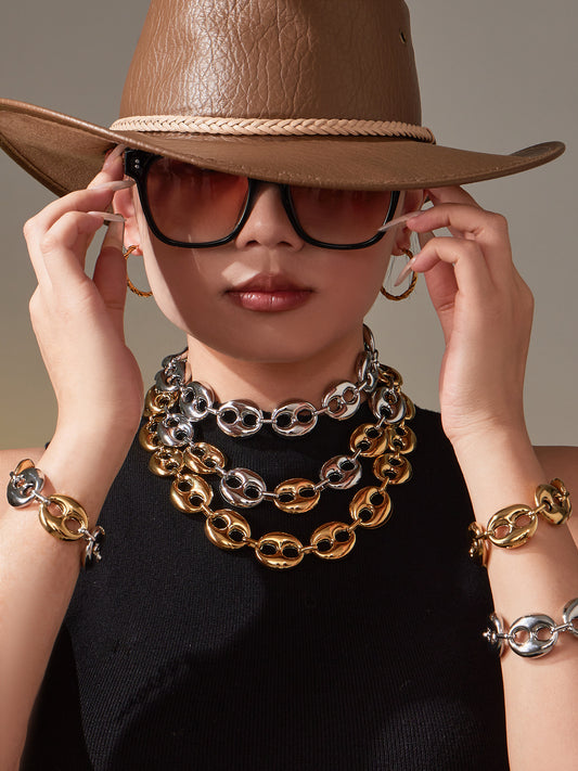 316L Stainless Steel 18K Gold PVD Two-Tone Coffee Bean Necklace - front view showcase