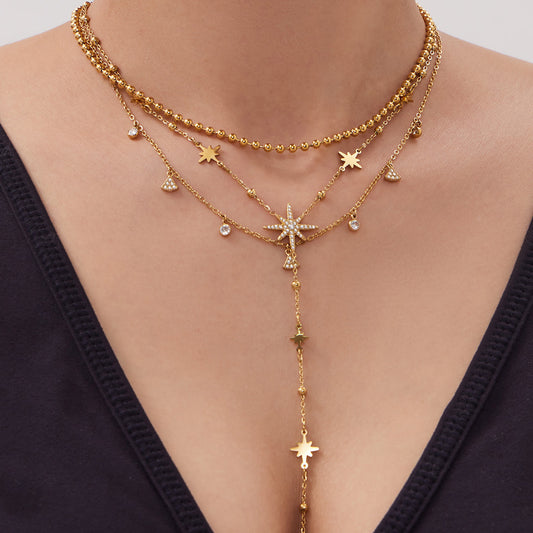 316L Stainless Steel 18K Gold PVD Plated Zircon Star Layered Jewelry Set - sophisticated side angle