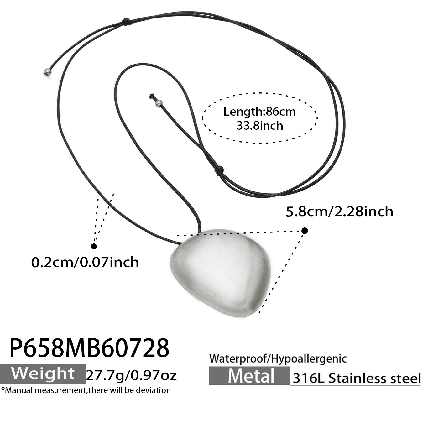 Polished steel black cord pendant necklace length and product specification guide