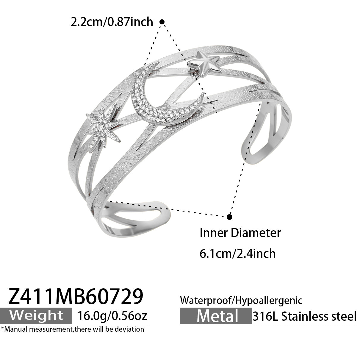 Polished steel celestial star and moon cuff bracelet dimensions and specification guide