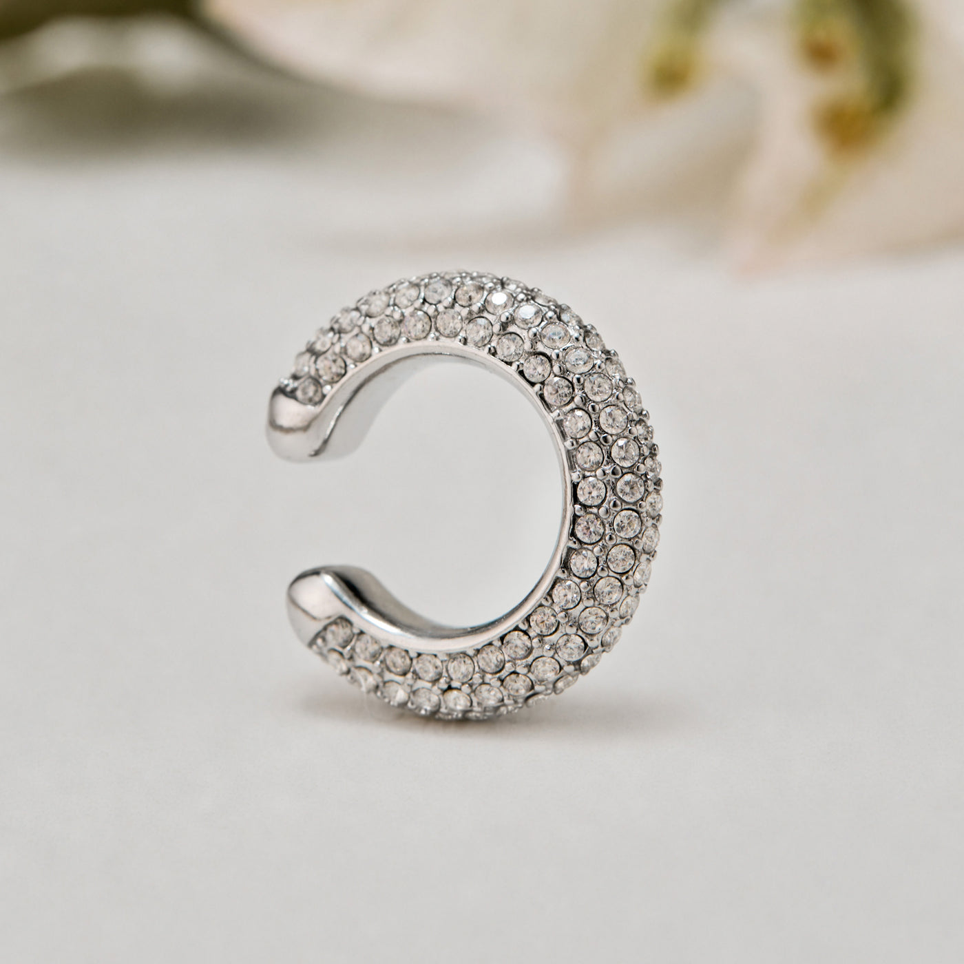 Polished steel C-shaped ear cuff with clear cubic zirconia