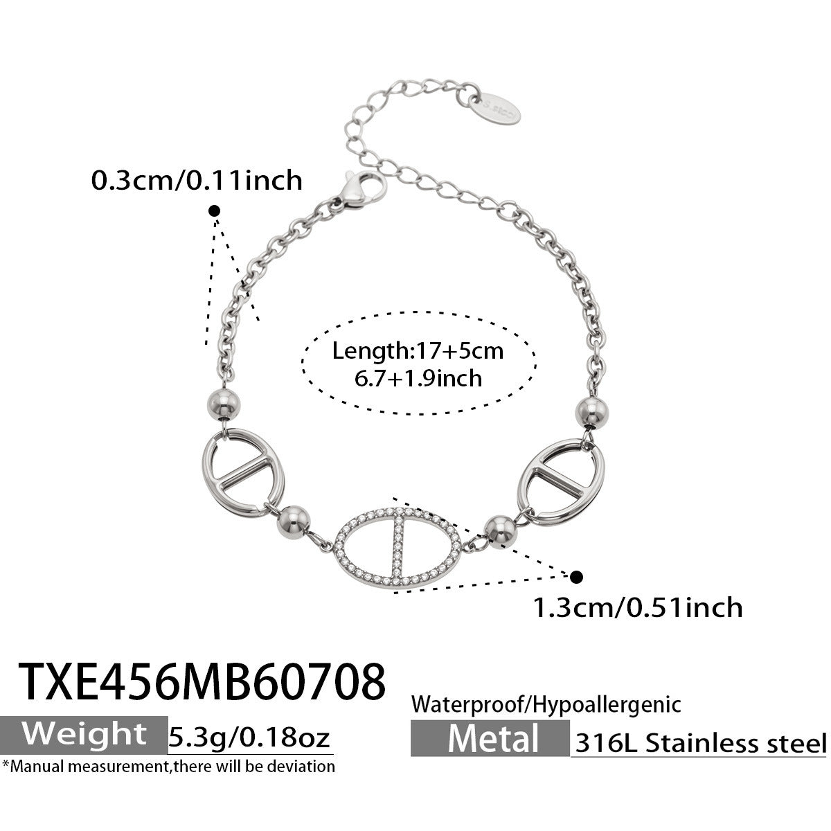 Steel D-shaped zircon bracelet size card in 316L stainless steel with adjustable chain and geometric charm details