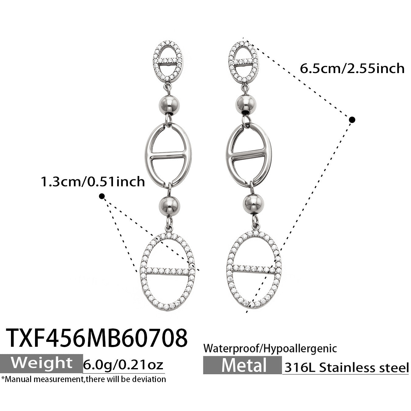 Steel D-shaped zircon drop earrings size card with long geometric pendant design and clear zircon accents