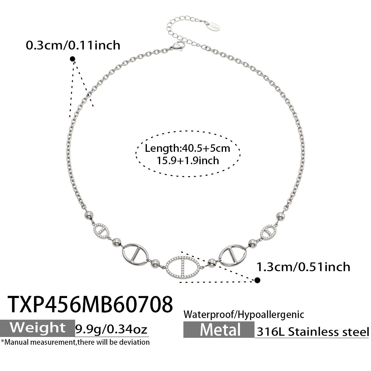 TXP456 steel D-shaped zircon necklace made from 316L stainless steel with 40.5+5cm adjustable length, 1.3cm geometric zircon charms and 9.9g weight
