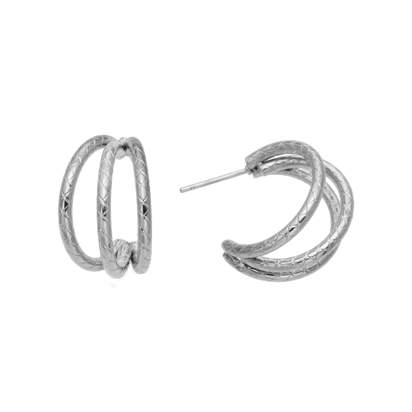 Steel-tone double layer C hoop earrings in 316 stainless steel on a white background