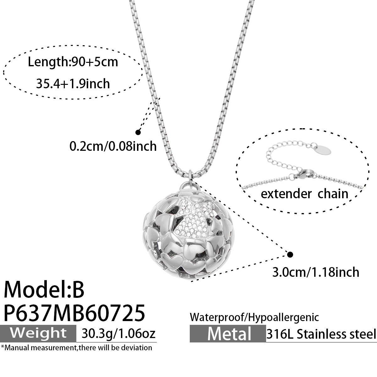 Polished steel floral medallion necklace short length and pendant size guide