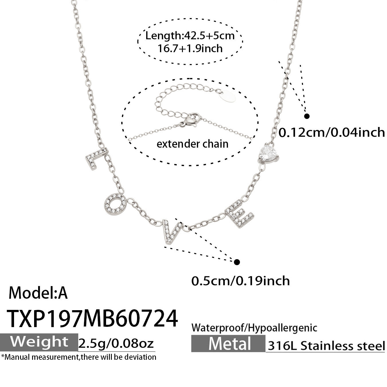 MiduoduoJewelry polished steel LOVE letter zircon necklace chain length and specification guide